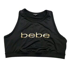 Bebe Sport Plus 3X Sports Bra Black Gold Metallic Spellout